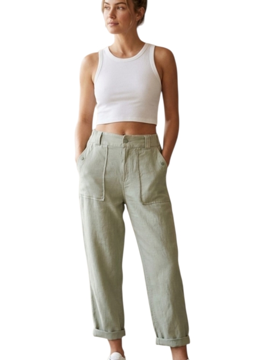 Tahari Pants - Tahari Linen Trousers Cuffed Relaxed Utility High Waisted Sage Green Size L